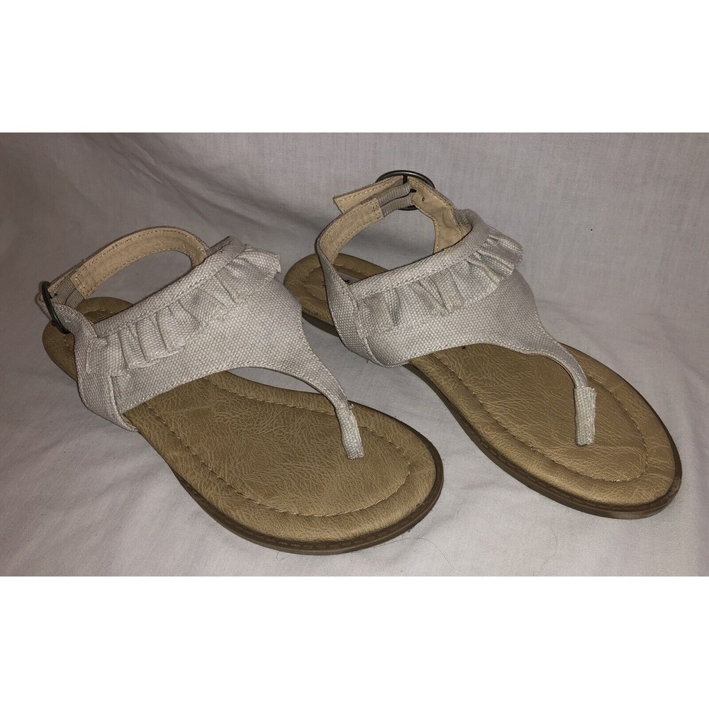 Not Rated Sandals Size 6 Tan slip-on buckle flip flop Summer Fabric EUC